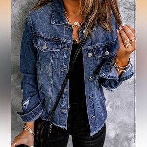 Classic Dark Blue Distressed Denim Jacket Size Small